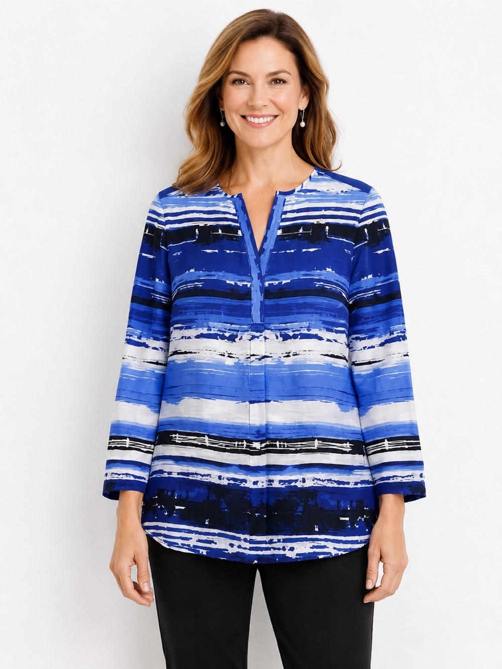 LAFAYETTE 138 100% SILK GRADIENT STRIPE LONG SLEEVE PULLOVER TUNIC TOP